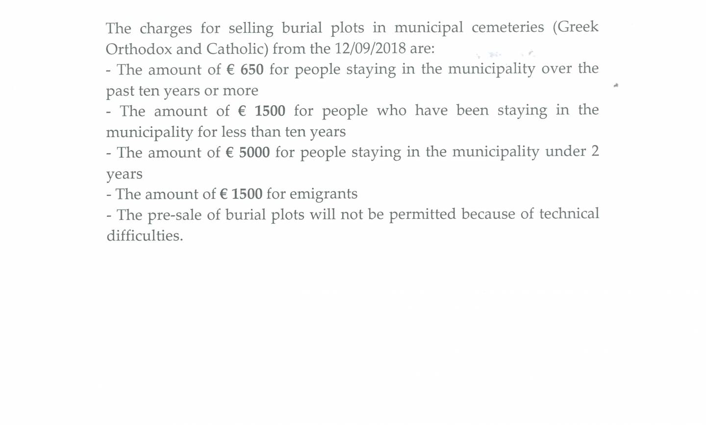 Charges for selling burial plots